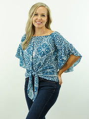 Mary Jane - Turquoise, Off Shoulder/On Shoulder, 3/4 Sleeve, Cowgirl Tie-Knot Top