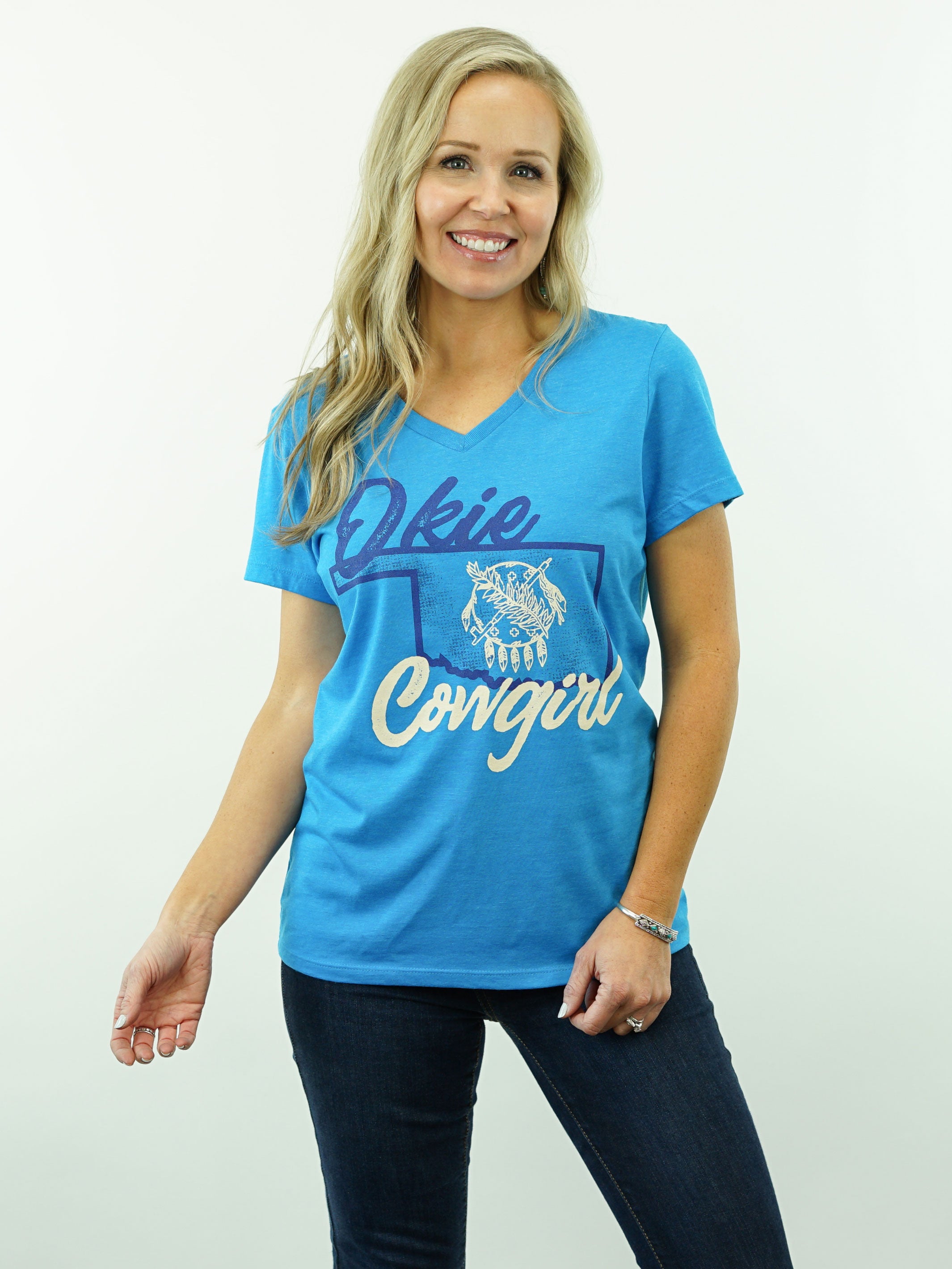 Okie Cowgirl - V-Neck, Women's Cut, T-Shirt - Blue Heather