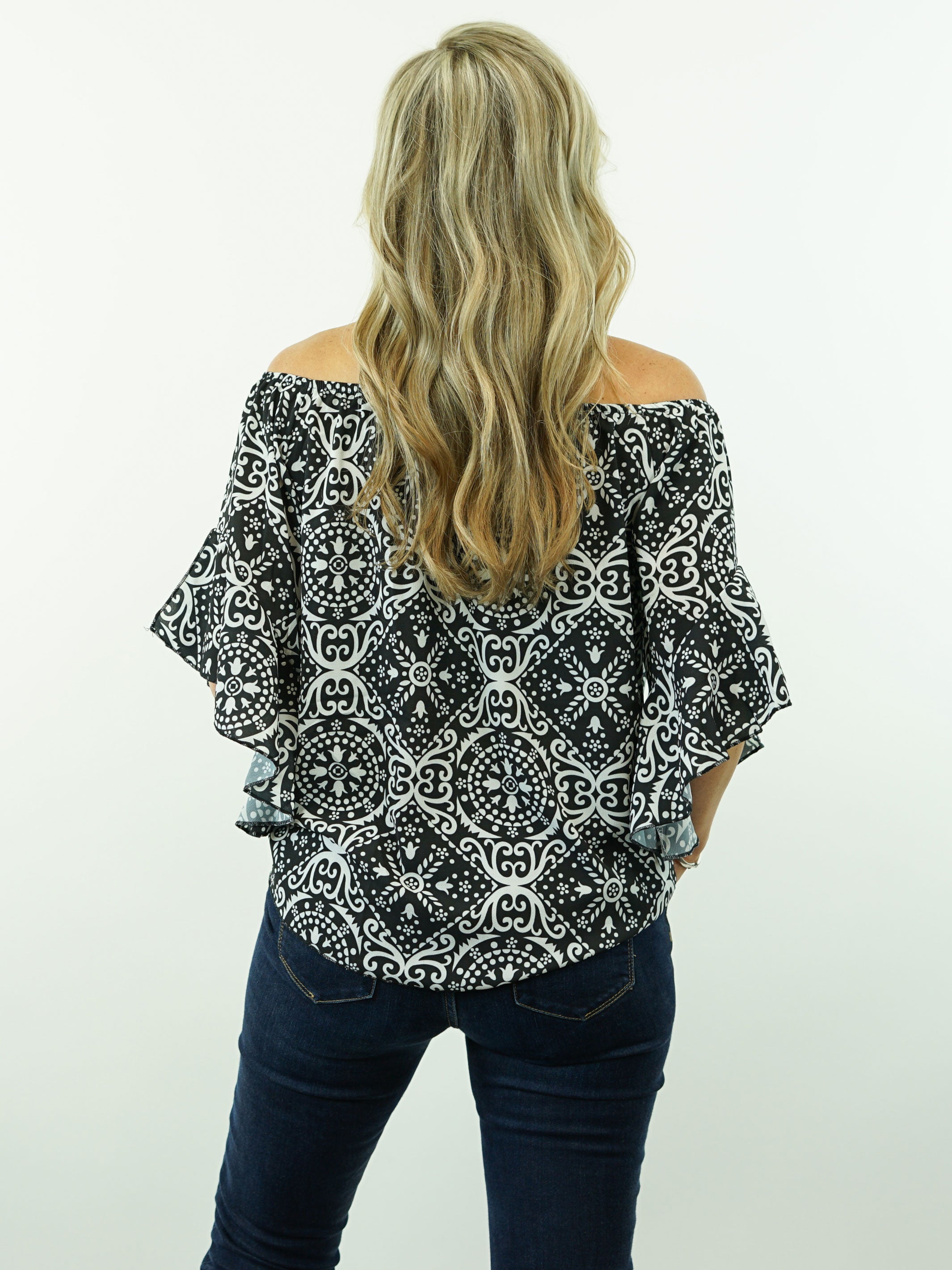 Willa - Black, Off Shoulder/On Shoulder, 3/4 Sleeve, Cowgirl Tie-Knot Top