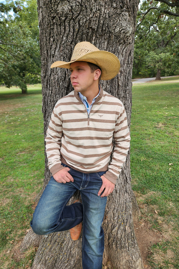 1/4 Zip Pullover - Striped - Oatmeal and Khaki Brown