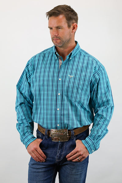Signature Series - Longhorn - Turquoise and Blue Plaid, Option Cuff, Classic Fit Shirt