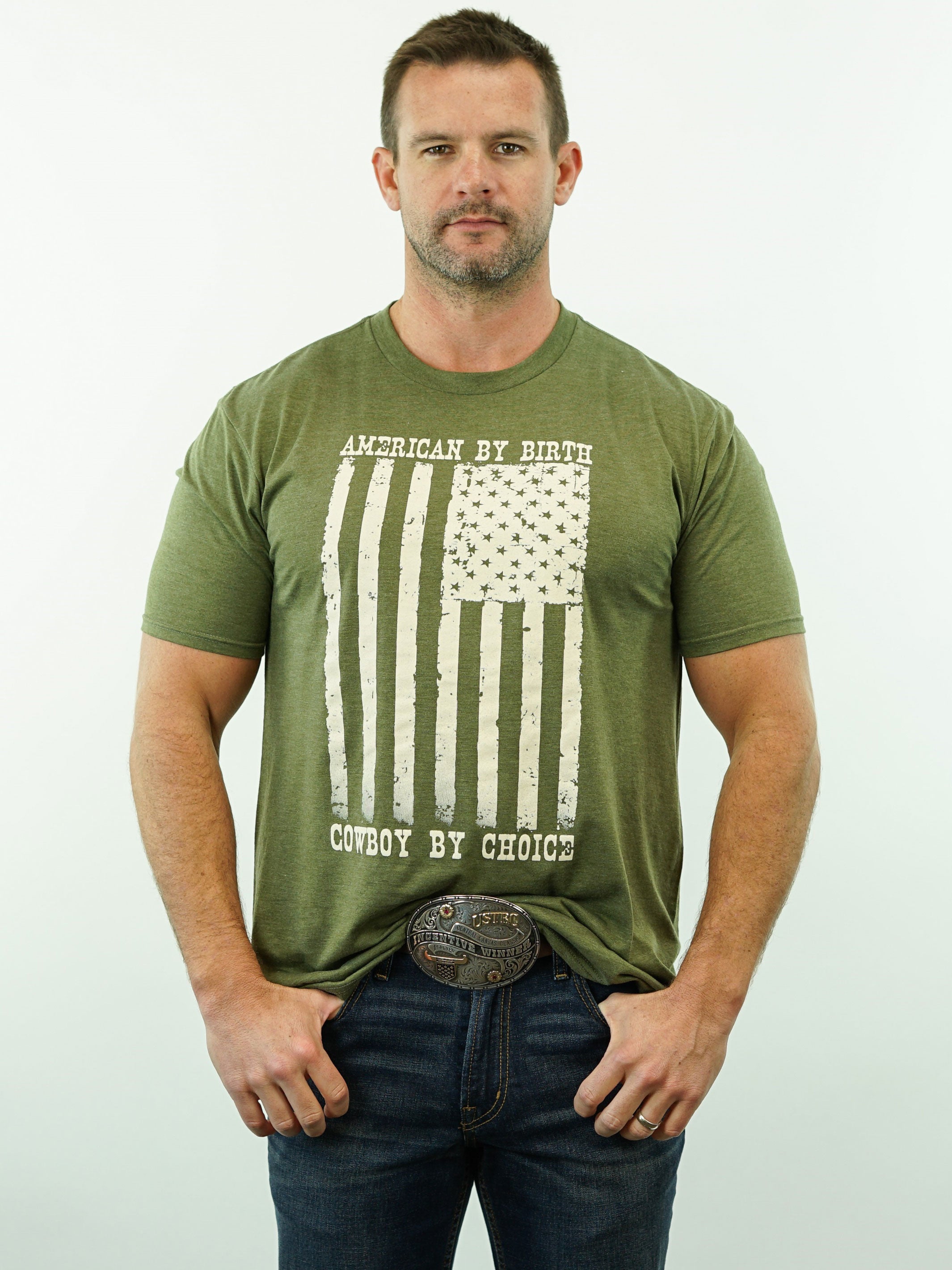 American By Birth, Cowboy By Choice - T-Shirt, Army Green Heather