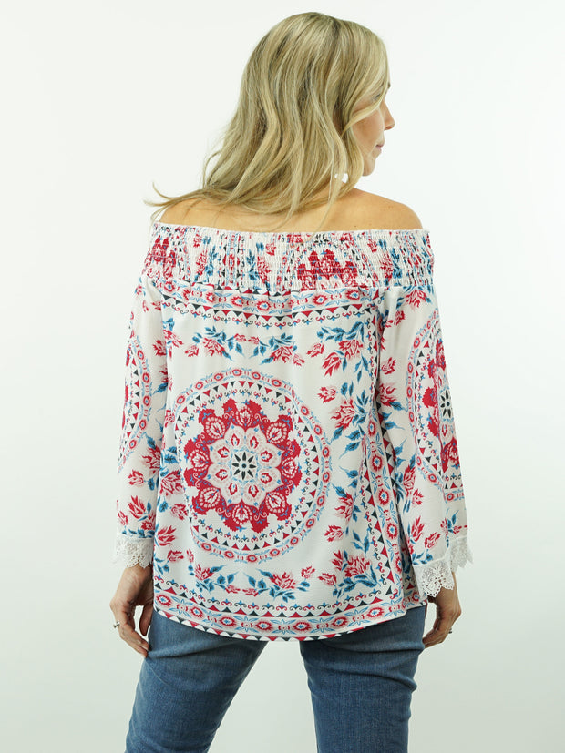 Bella Rose - Floral Print, Off Shoulder/On Shoulder, Lace Sleeve Top