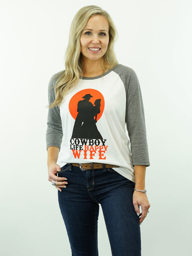 Cowboy Life Happy Wife - Two Color, 3/4 Sleeve, Women's Cut, T-Shirt