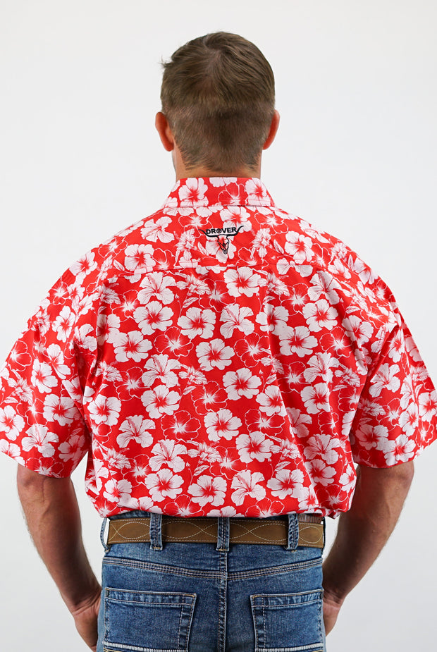 Signature Series - Concho - Red and White Hibiscus Flower Print, Classic Fit Short Sleeve Shirt