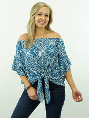 Mary Jane - Turquoise, Off Shoulder/On Shoulder, 3/4 Sleeve, Cowgirl Tie-Knot Top