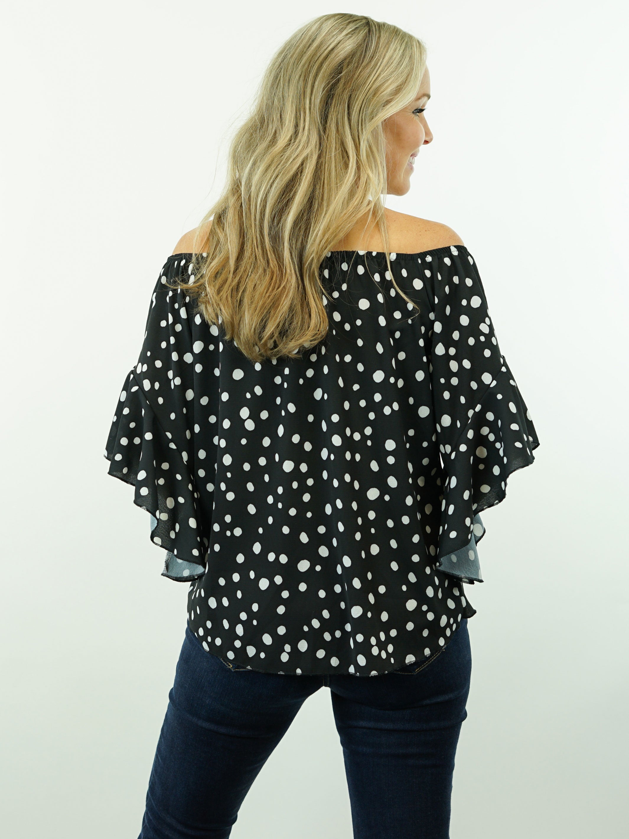 Sierra - Black, Off Shoulder/On Shoulder, Polka Dot, 3/4 Sleeve, Cowgirl Tie-Knot Top